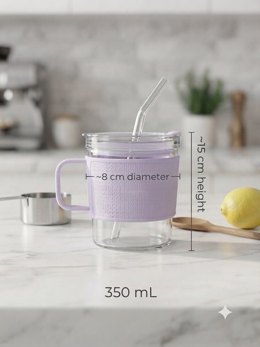 Glass Mug with Lid & Straw 350ml