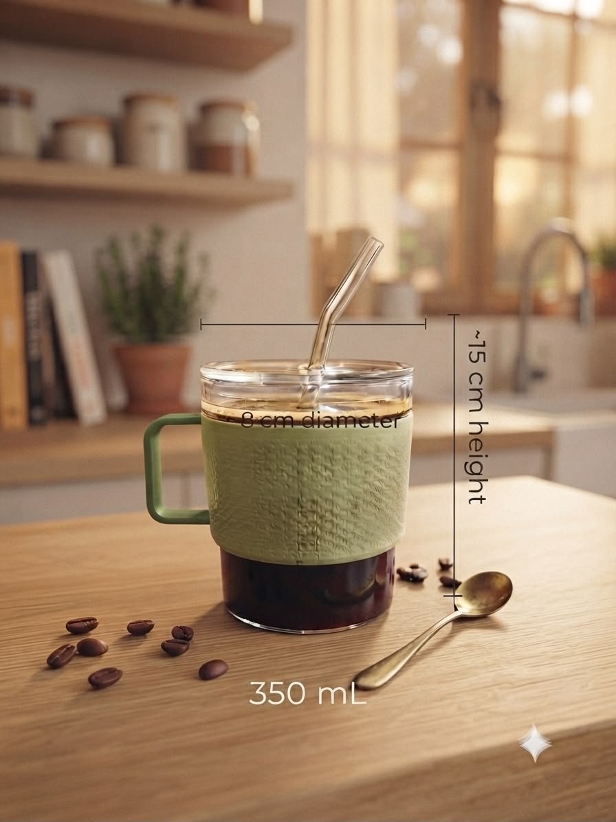 Glass Mug with Lid & Straw 350ml — back